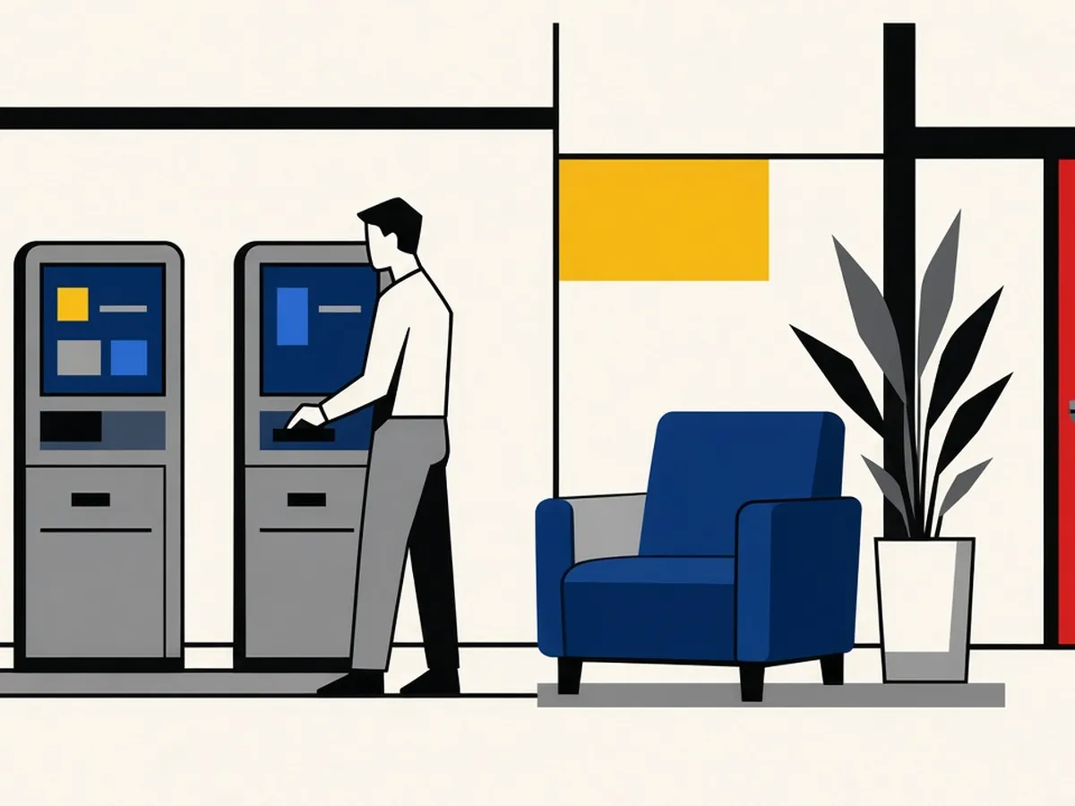 Illustration of a hotel lobby with self check-in kiosks and staff with guests