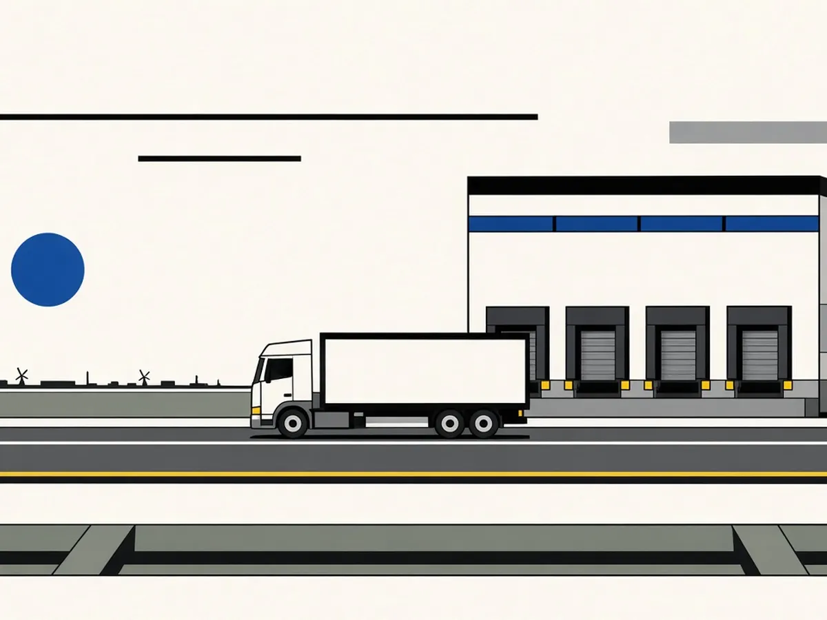 Illustration of a driverless truck leaving a loading hub