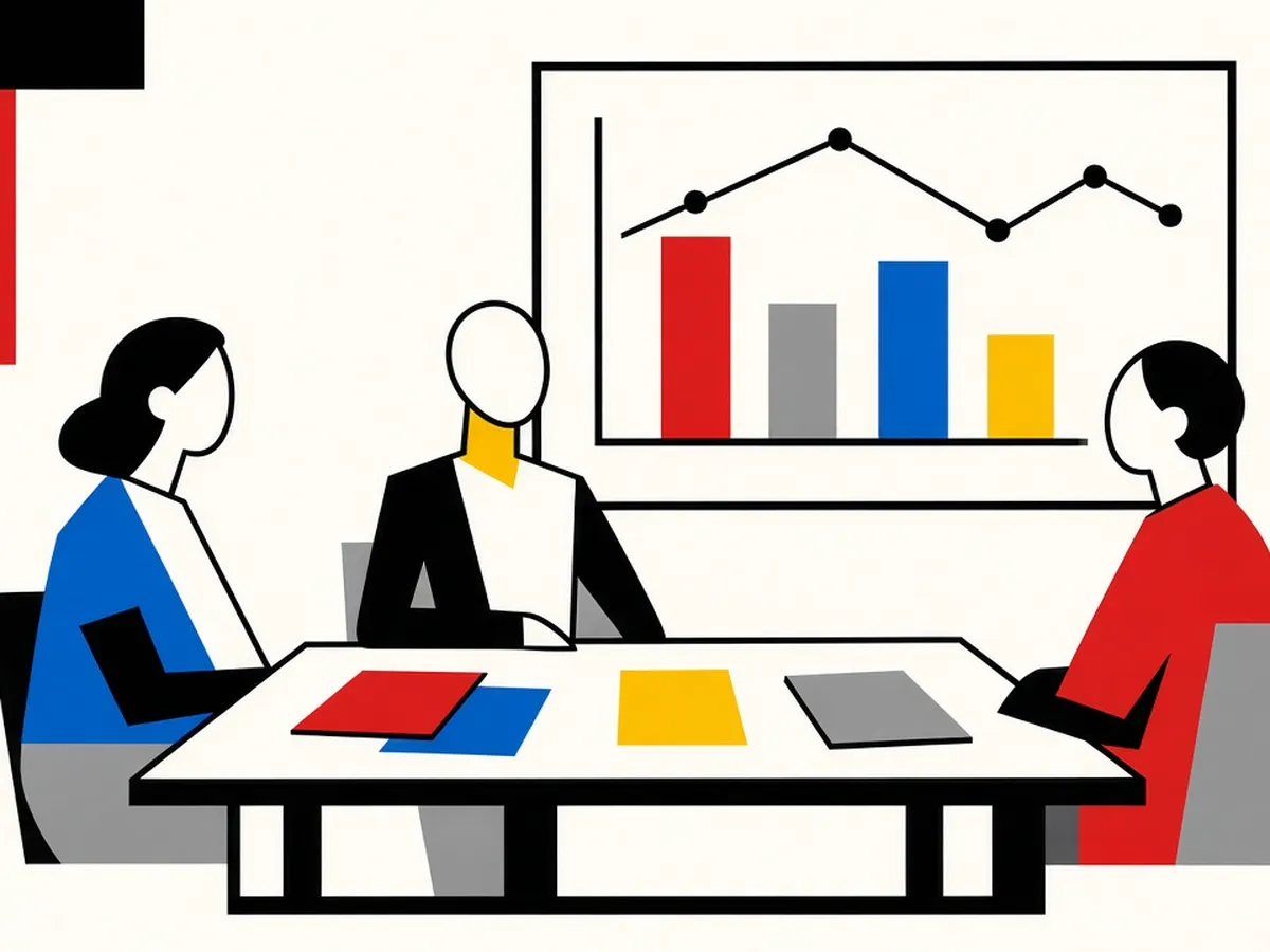 Illustration of a small senior team at a table with charts